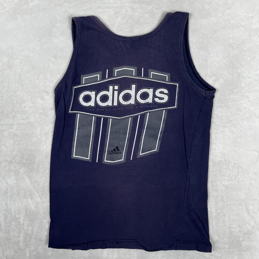 Vintage Adidas Tank Top Mens Medium Blue Sleeveless Big Logo Back Graphic